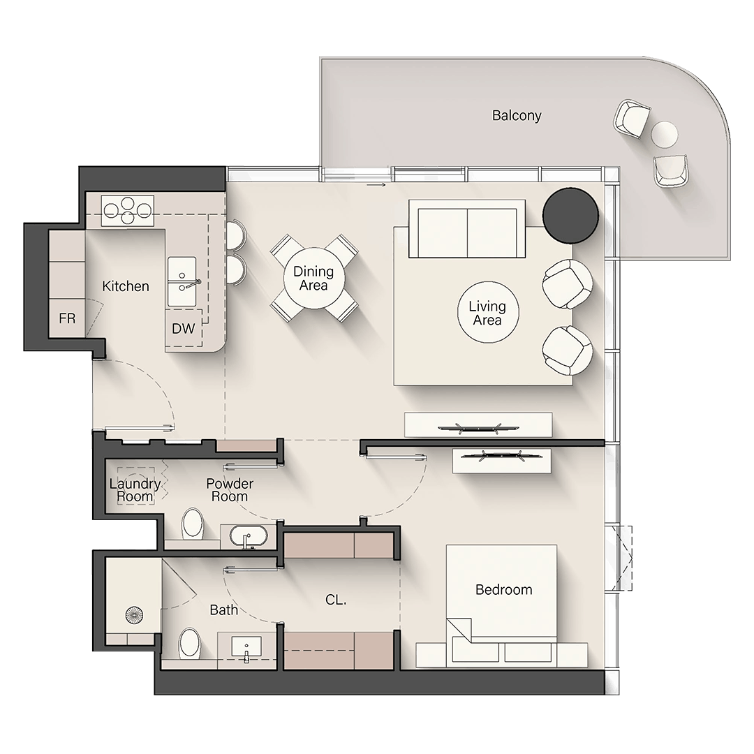 1 Bedroom Corner Floor Plan