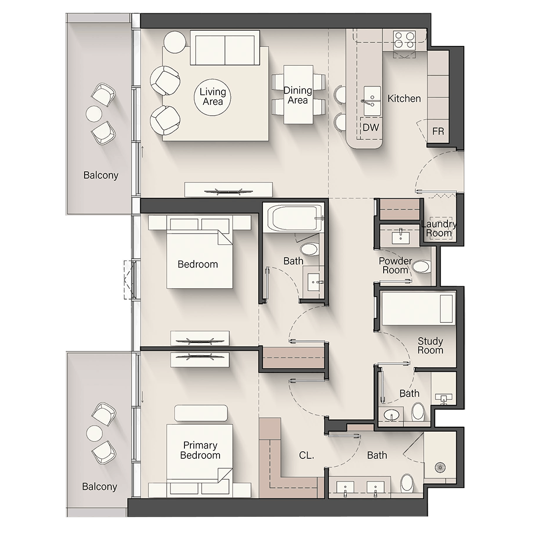 2 Bedroom + S Floor Plan